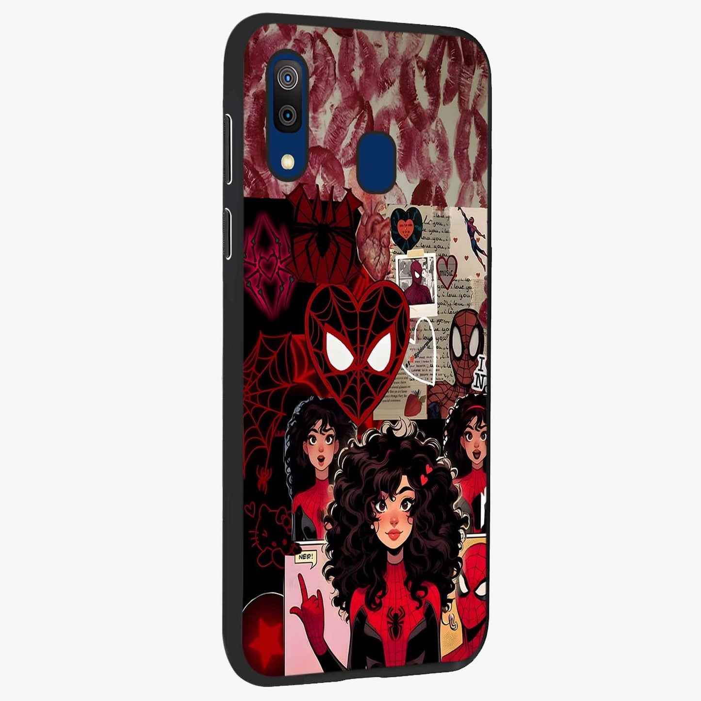 Spider Love Story Glass Case upright view showcasing charming superhero artwork with romantic comic theme.