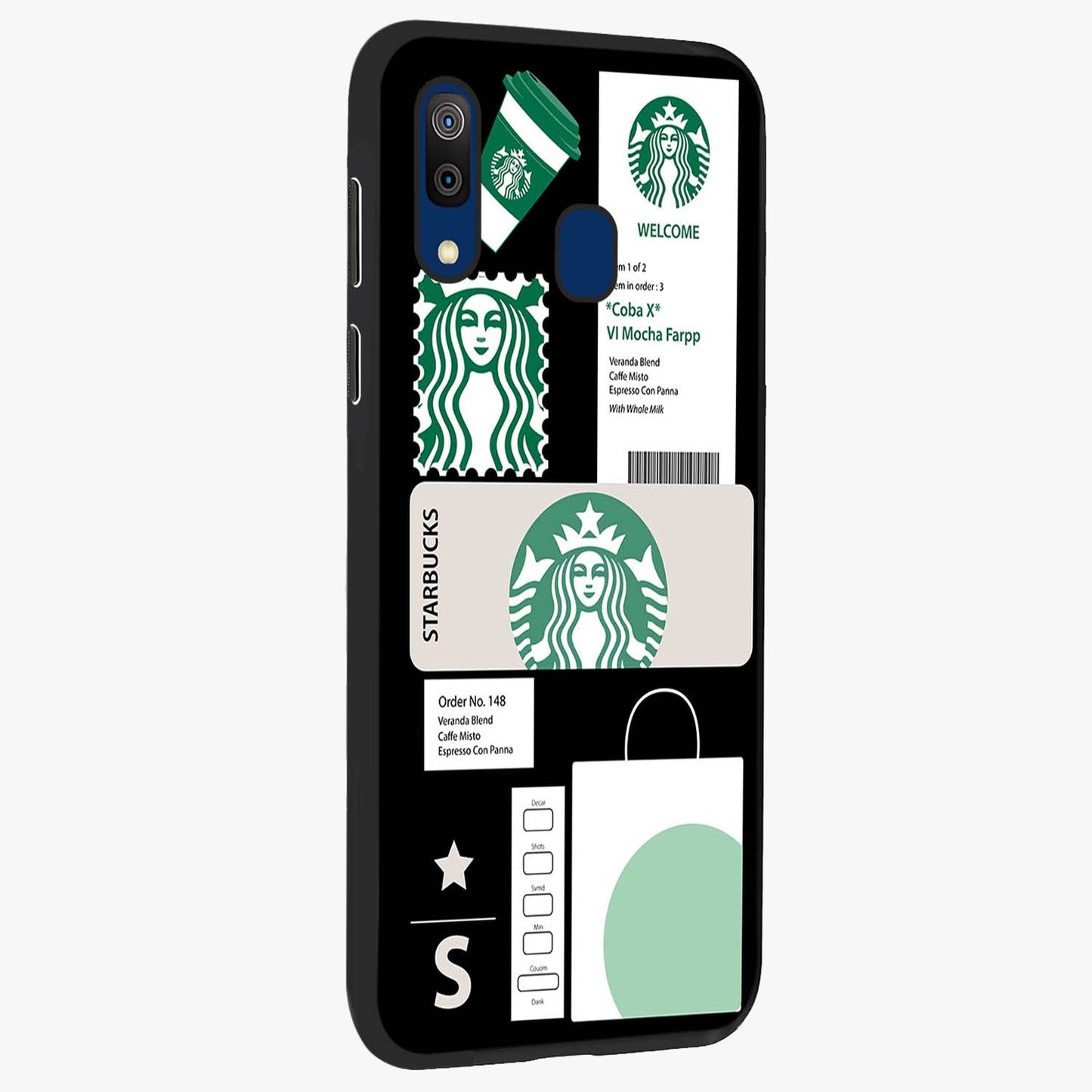 Starbucks Mocha Glass Case upright view showcasing trendy coffee inspired artwork with modern lifestyle theme.