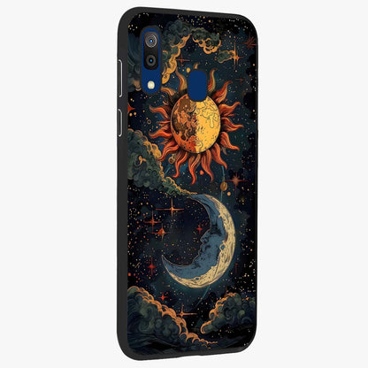 Sun And Moon Magic Design Glass Case upright view showcasing decorative sun and moon artwork with spiritual celestial theme.