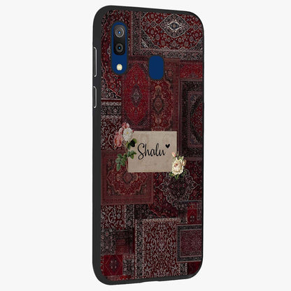 Velvet Wine Pattern Custom Name Glass Case upright view showcasing luxurious wine toned artwork with personalized aesthetic.