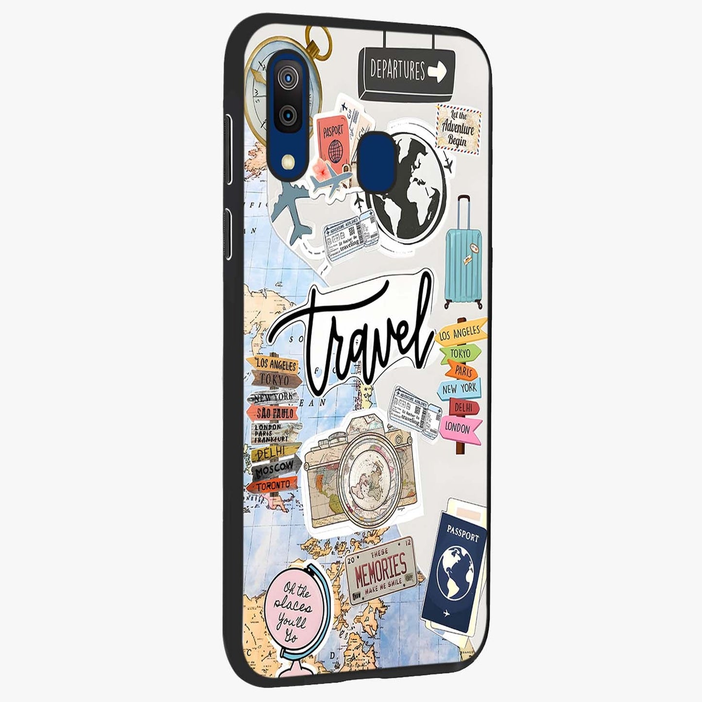 Wanderlust Journal Glass Case upright view showcasing wanderlust inspired artwork with creative exploration theme.