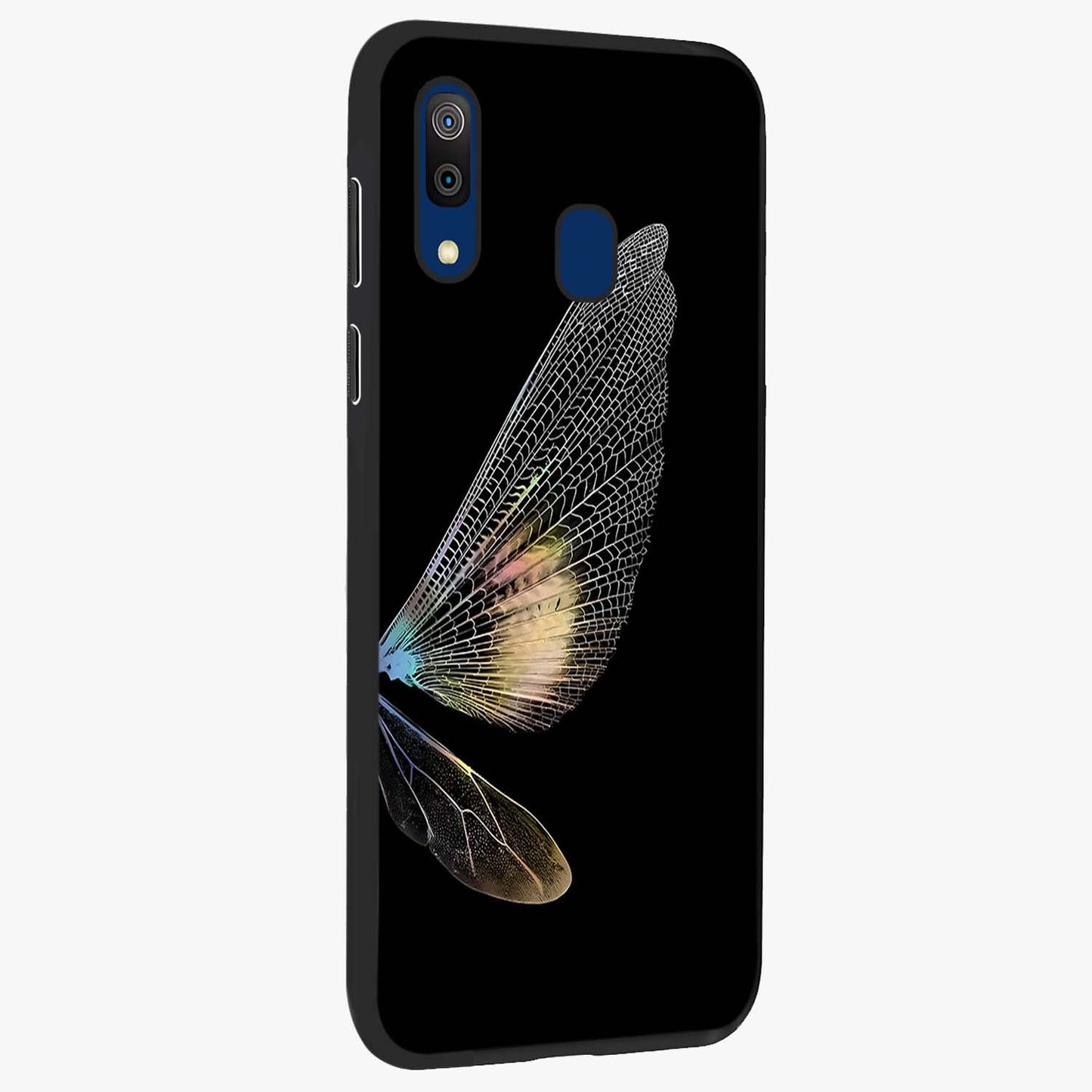 Whispers Of Wings Glass Case upright view showcasing elegant wing artwork with light airy theme.