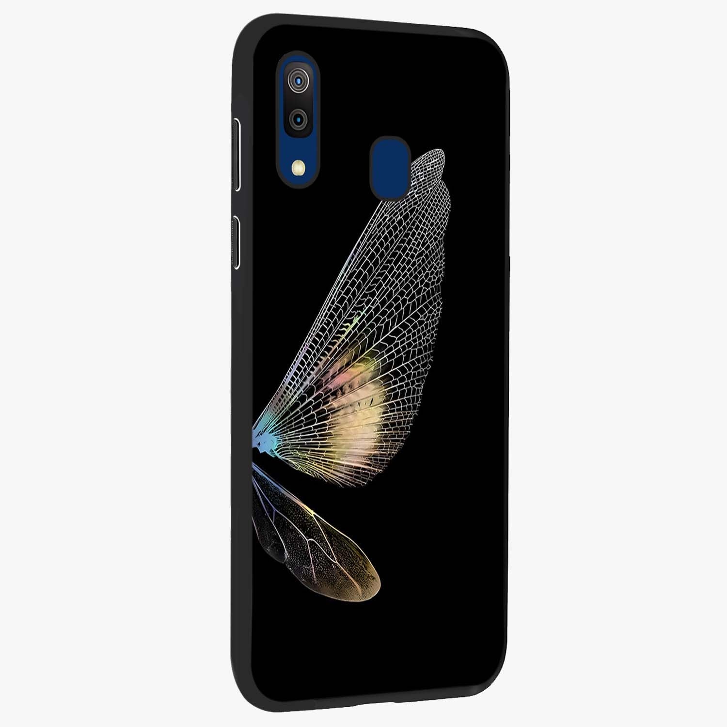 Whispers Of Wings Glass Case upright view showcasing elegant wing artwork with light airy theme.