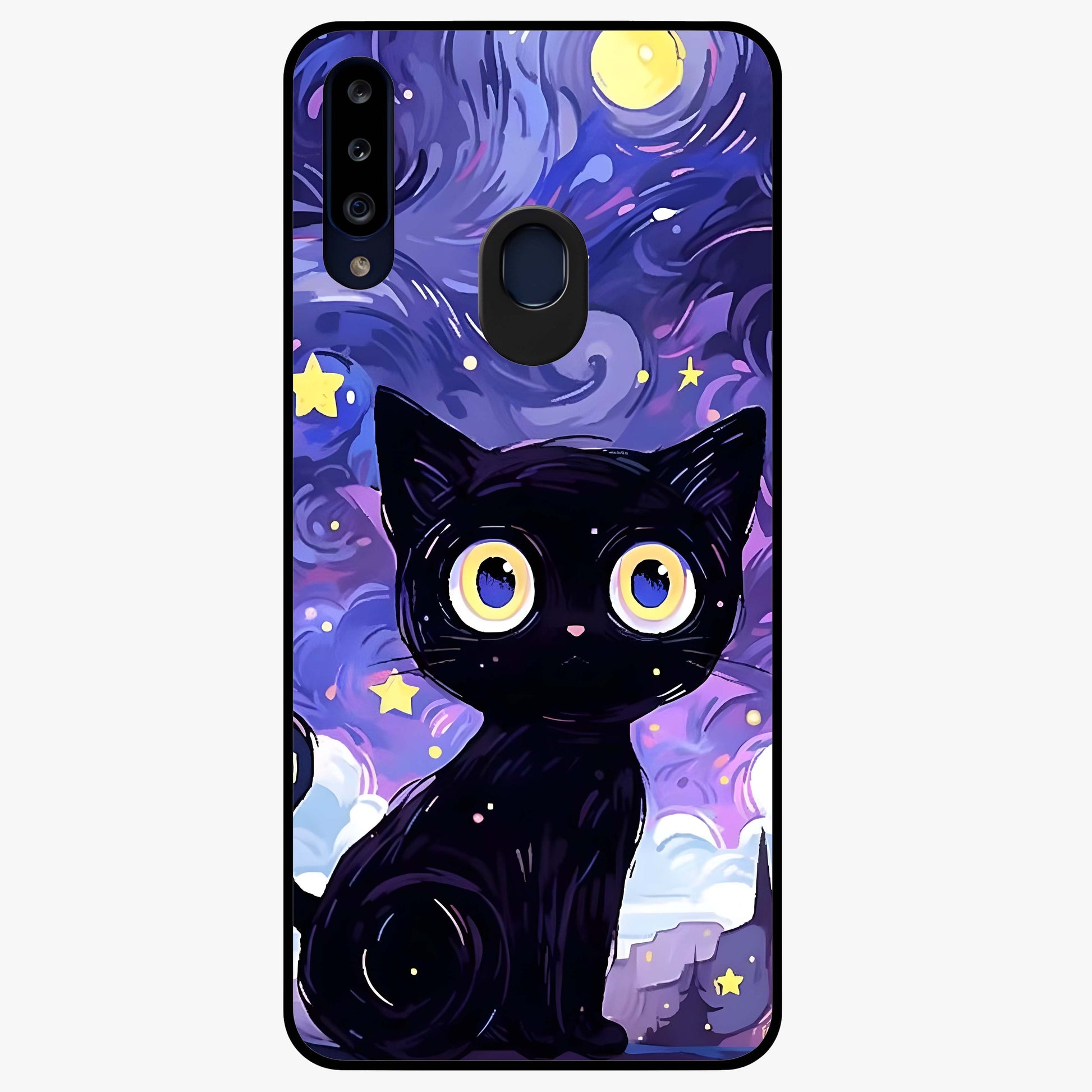 Abstract Cat Art Glass Case showing flat back view with artistic cat illustration and glossy glass finish.