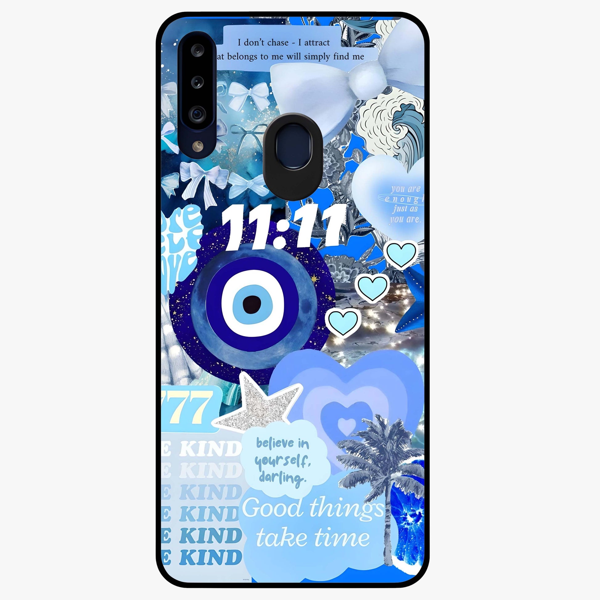 Aesthetic Be Kind Eye Glass Case showing flat back view with motivational eye artwork and glossy glass finish.