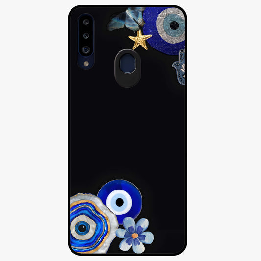 Aesthetic Blue Evil Eye Glass Case showing flat back view with protective evil eye artwork and glossy glass finish.