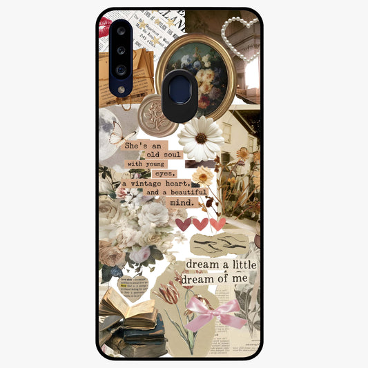 Aesthetic Brown Vintage Collage Glass Case showing flat back view with retro collage artwork and glossy glass finish.