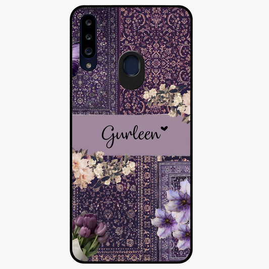 Antique Floral Whisper Custom Name Glass Case showing flat back view with vintage floral artwork and personalized name design.