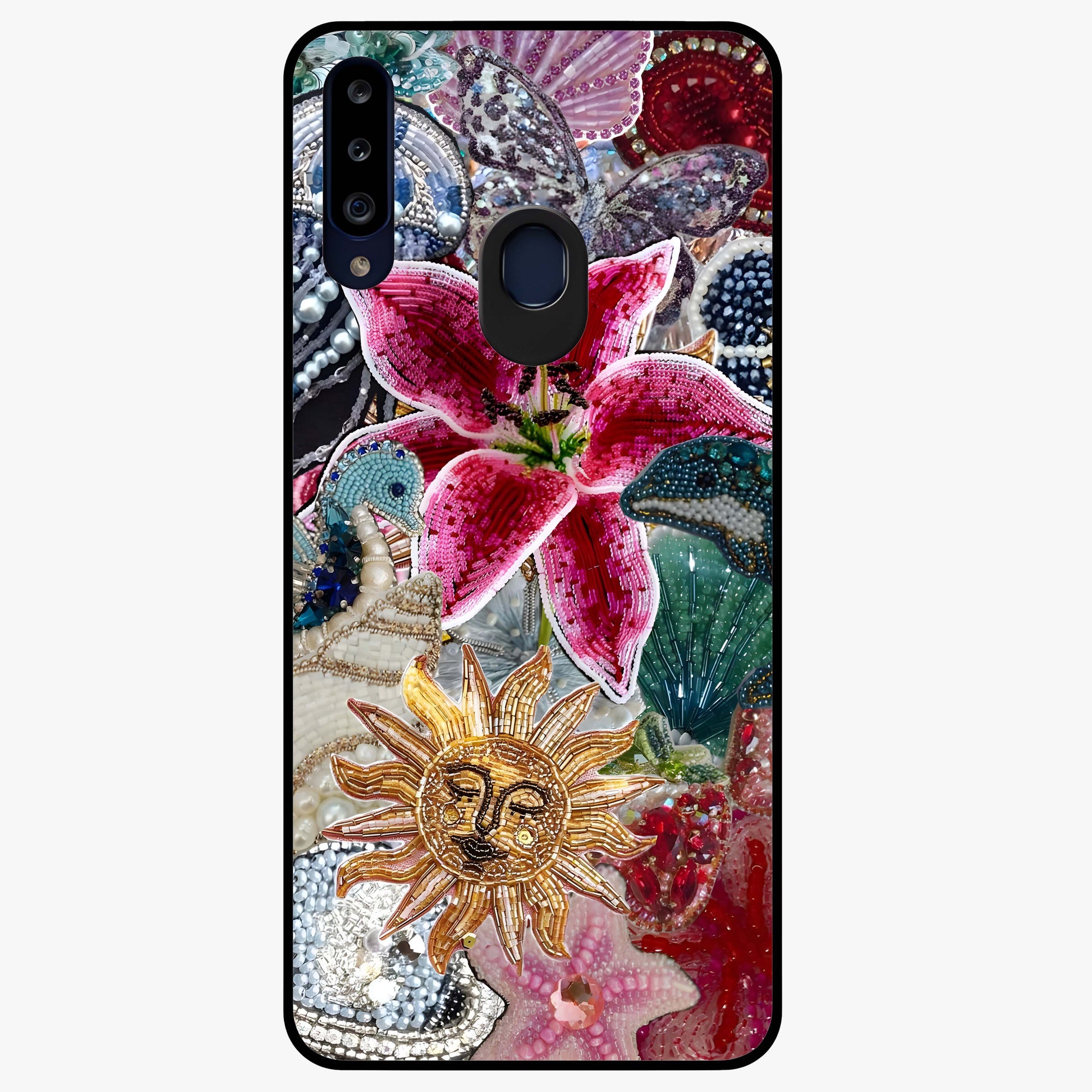 Beaded Garden Fantasy Glass Case showing flat back view with dreamy garden bead artwork and glossy glass finish.