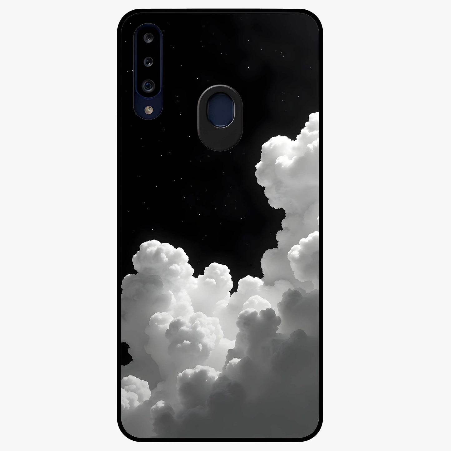 Black Background With White Cloud Glass Case showing flat back view with minimal cloud artwork on dark background and glossy glass finish.