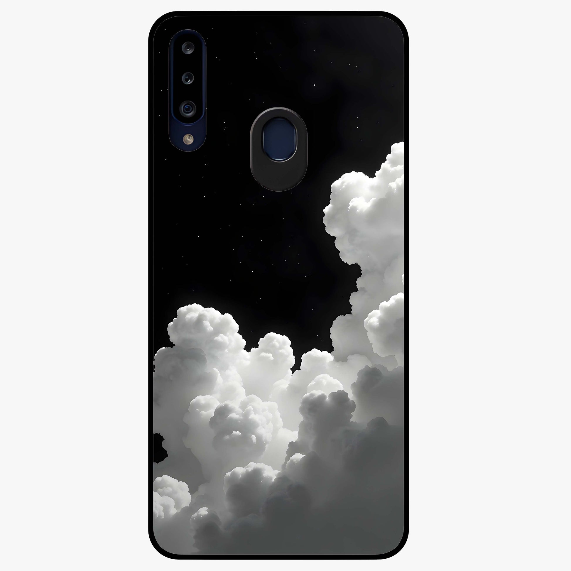 Black Background With White Cloud Glass Case showing flat back view with minimal cloud artwork on dark background and glossy glass finish.