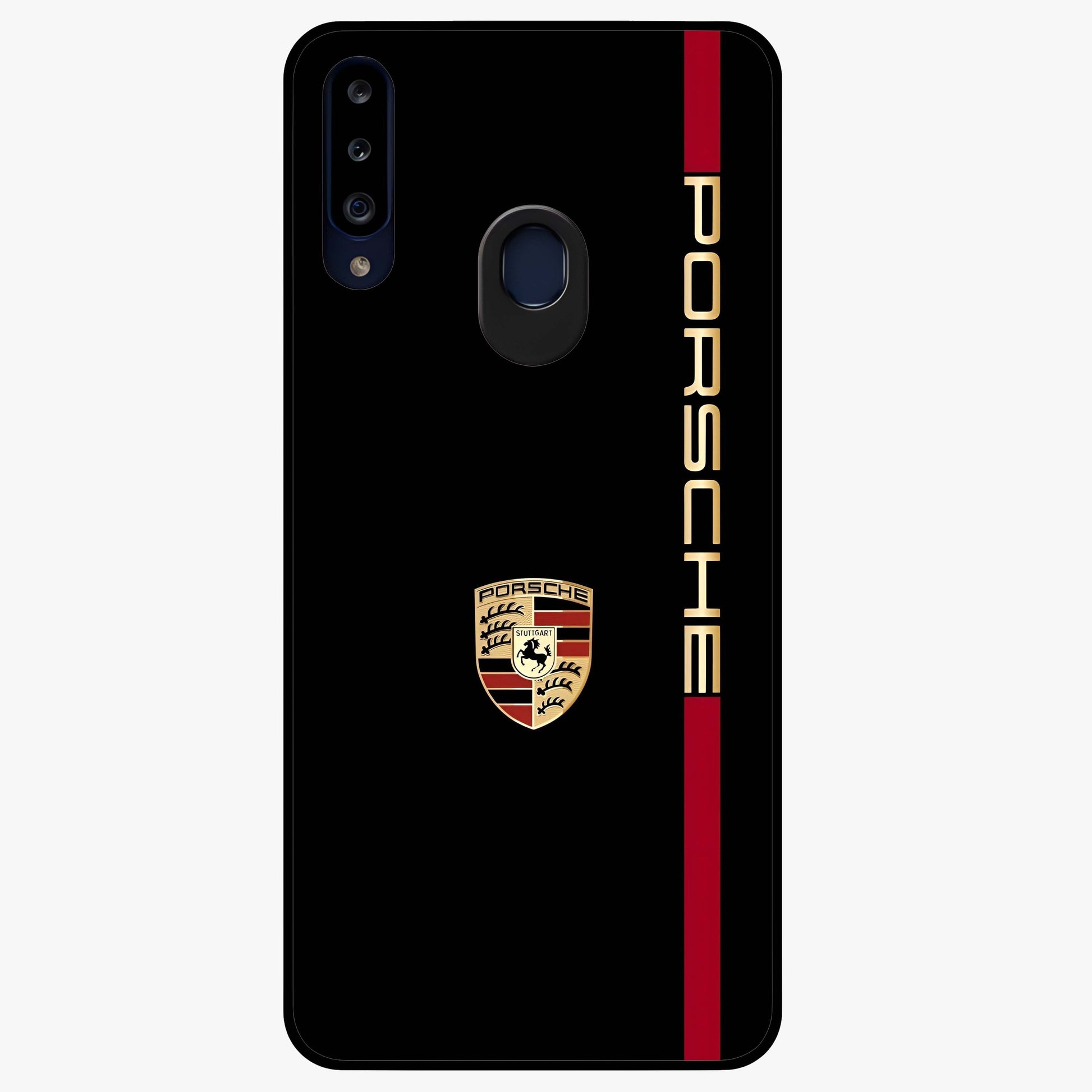 Black Minimal Porsche Glass Case showing flat back view with sleek minimal sports car artwork and glossy glass finish.