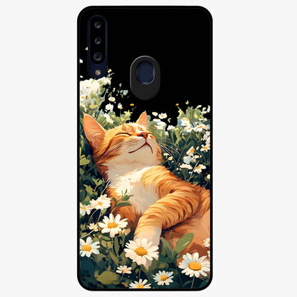 Blissful Bloom Cat Glass Case showing flat back view with cute cat and floral bloom artwork and glossy glass finish.
