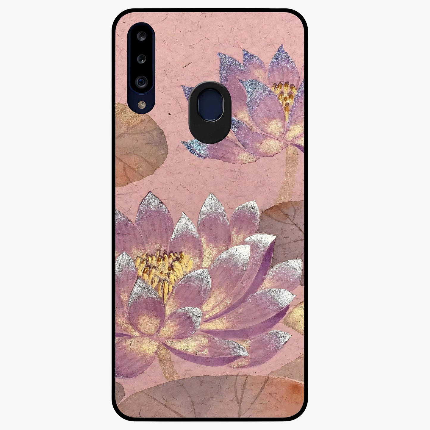 Blossom Mist Lotus Glass Case showing flat back view with serene lotus blossom artwork and glossy glass finish.