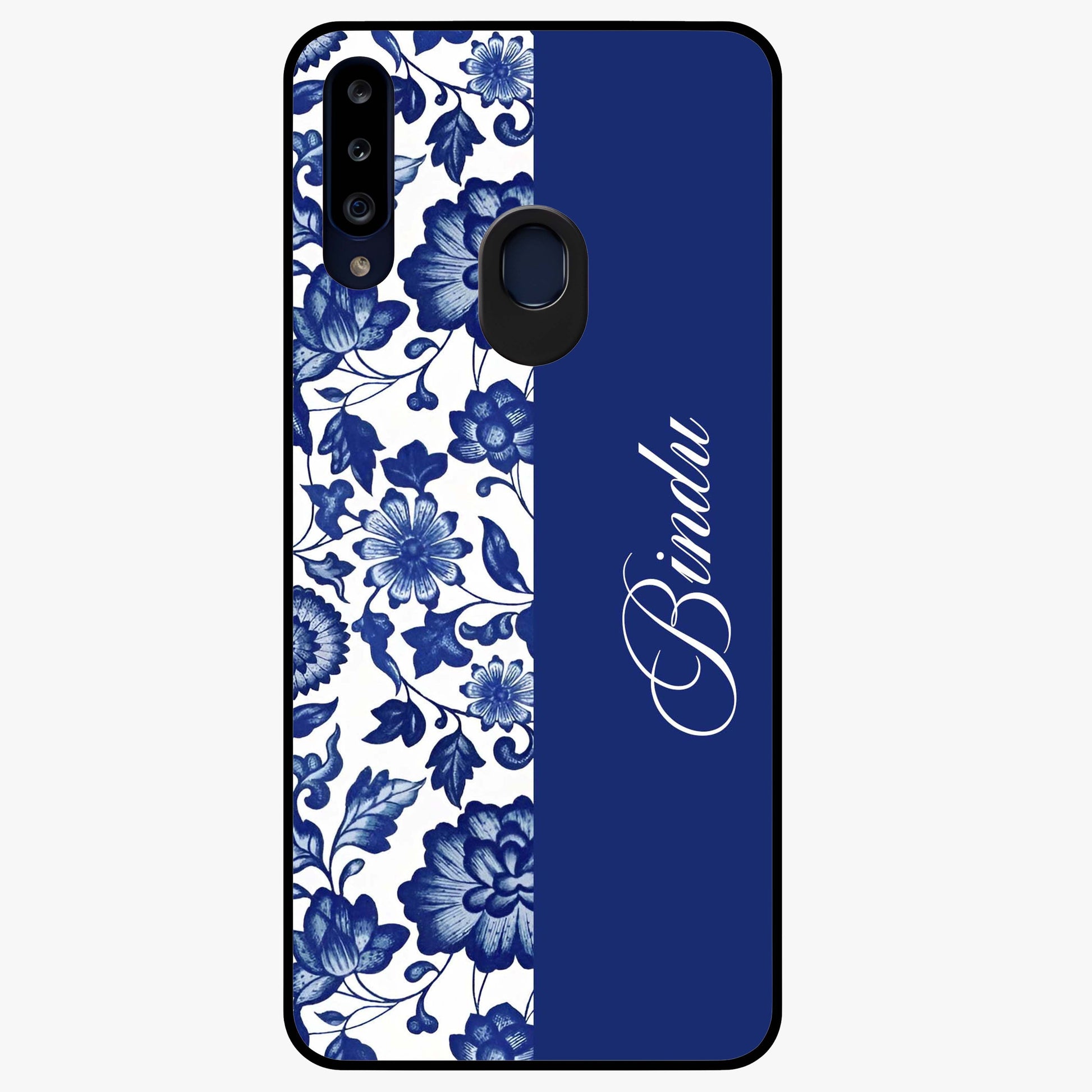 Blue Vintage Floral Pattern Glass Case upright view showcasing timeless floral illustration with vintage inspired style.