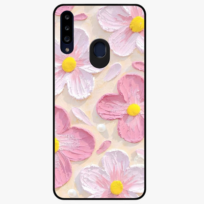 Blush Bloom Texture Glass Case showing flat back view with soft blush floral texture artwork and glossy glass finish.