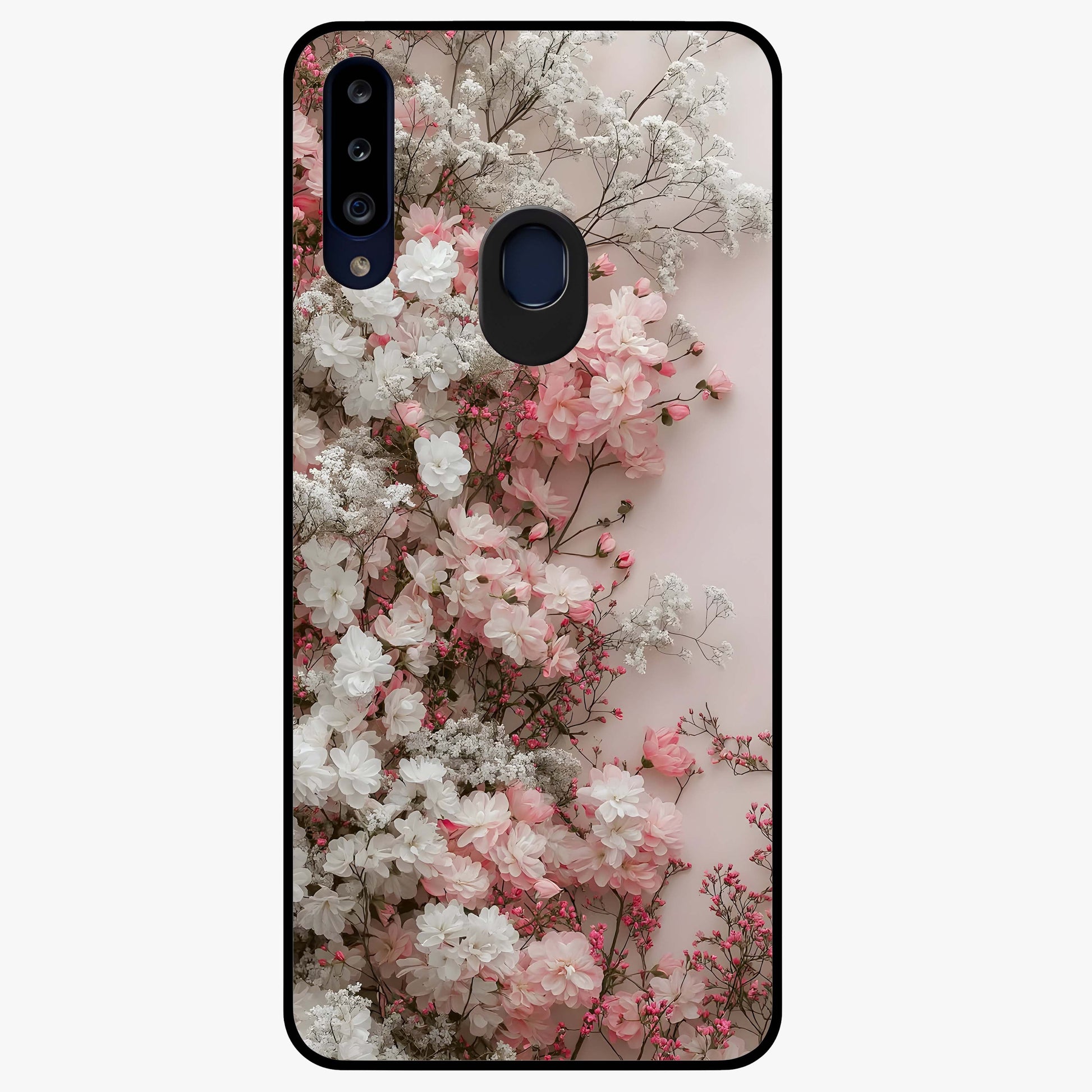 Blush Blossom Cloud Glass Case showing flat back view with dreamy blush cloud blossom artwork and glossy glass finish.
