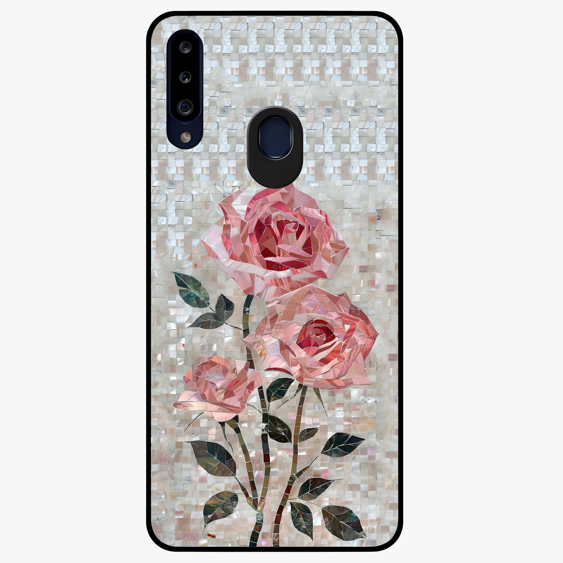Blush Mosaic Bloom Glass Case showing flat back view with mosaic floral bloom artwork and glossy glass finish.