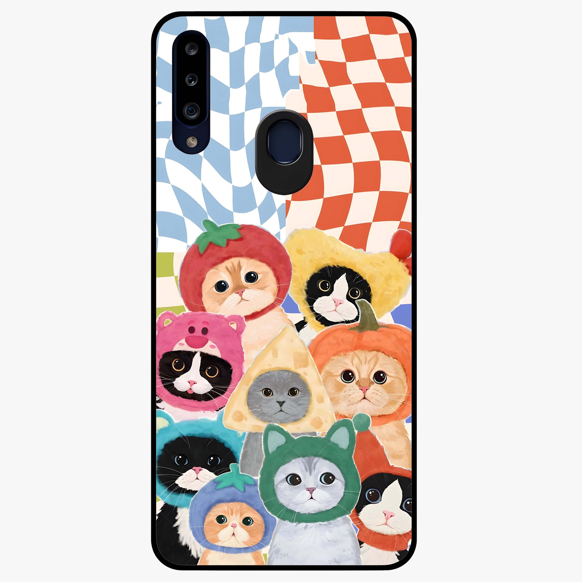 Cats in Fruits Glass Case showing flat back view with playful cat illustrations inside fruit artwork and glossy glass finish.
