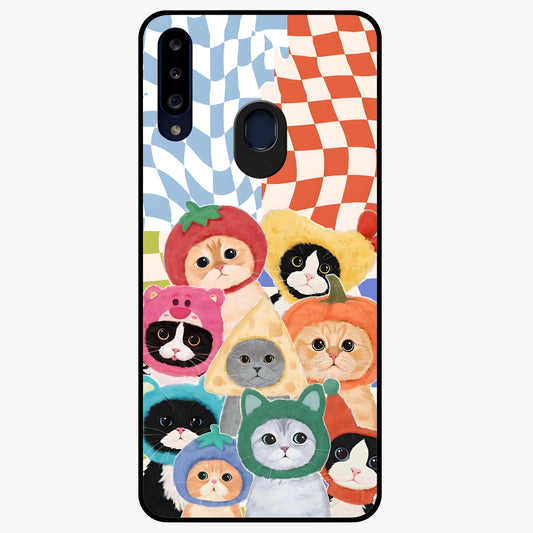 Cats in Fruits Glass Case showing flat back view with playful cat illustrations inside fruit artwork and glossy glass finish.