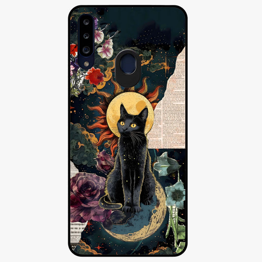 Celestial Black Cat Glass Case showing flat back view with mystical black cat artwork and glossy glass finish.