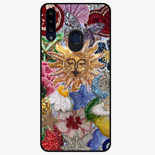 Celestial Floral and Playful Glass Case showing flat back view with floral and celestial themed artwork and glossy glass finish.