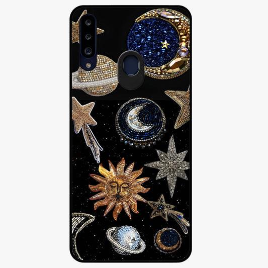 Celestial Gem Constellations Glass Case showing flat back view with sparkling constellation artwork and glossy glass finish.