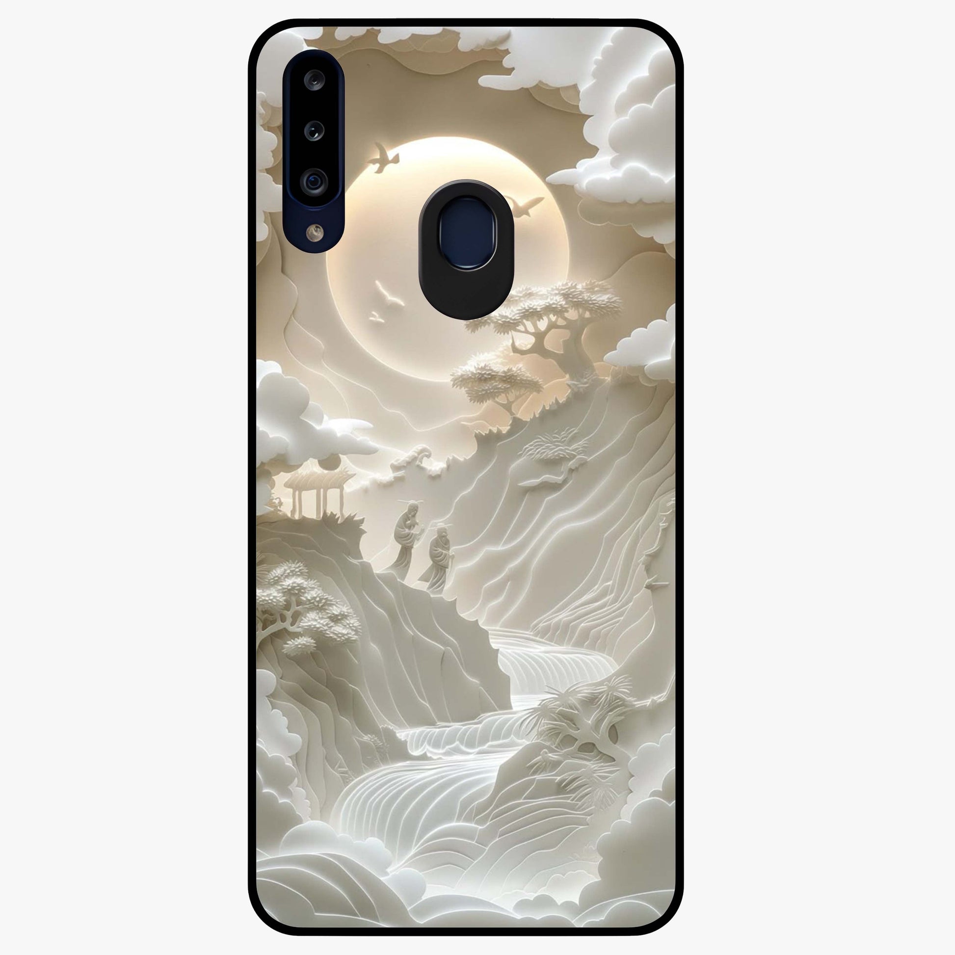 Celestial Origami Glass Case showing flat back view with artistic origami inspired celestial artwork and glossy glass finish.