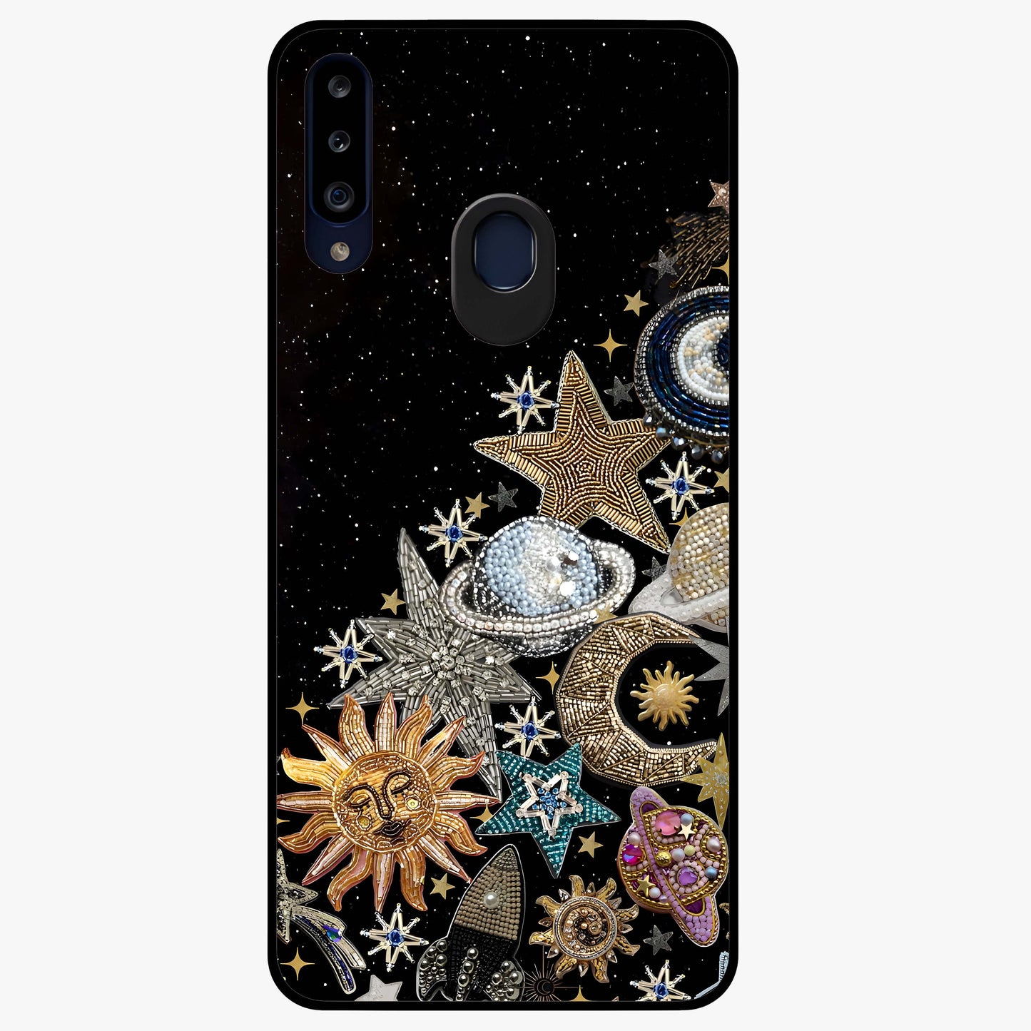 Cosmic Sparkle Dreams Glass Case showing flat back view with sparkling cosmic artwork and glossy glass finish.