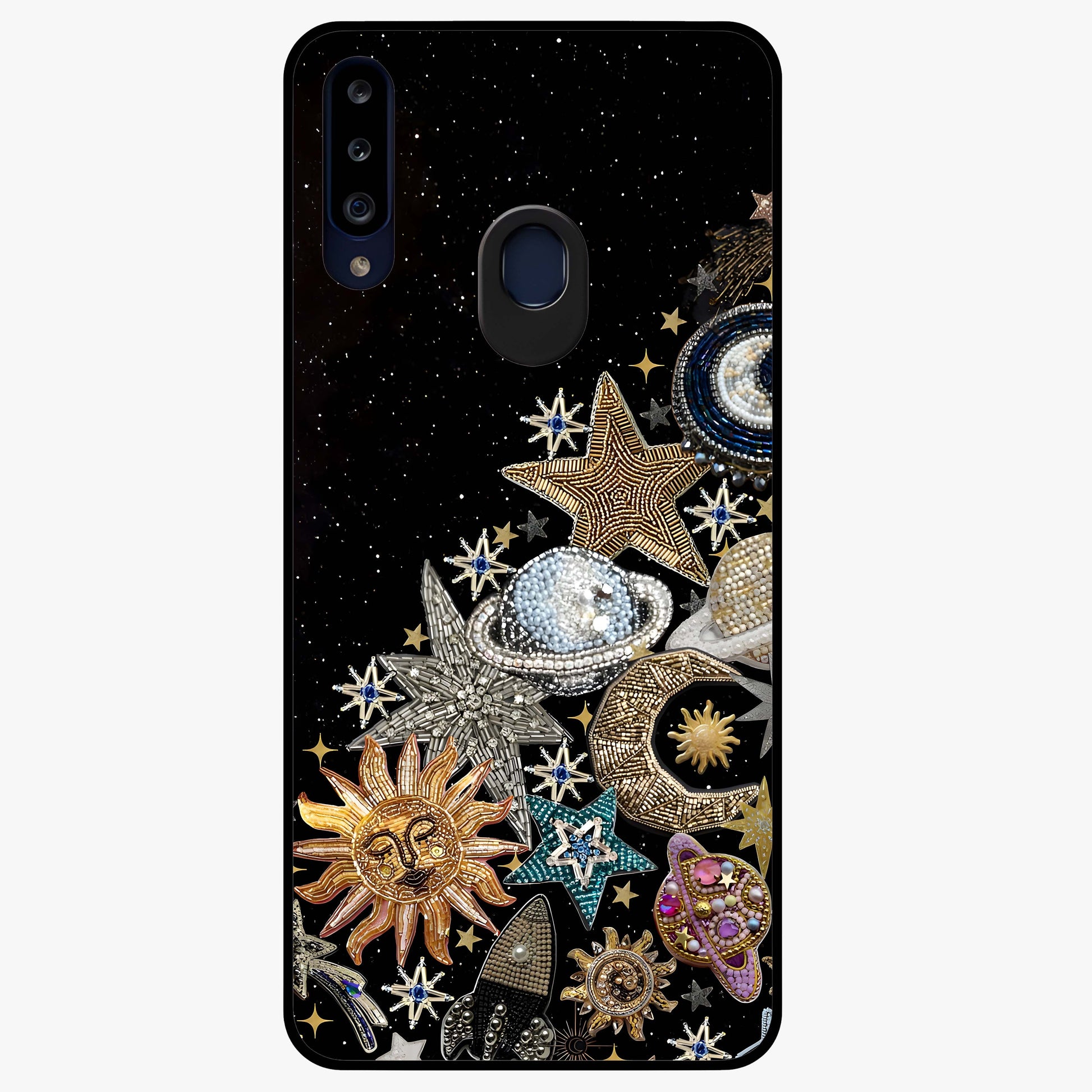Cosmic Sparkle Dreams Glass Case showing flat back view with sparkling cosmic artwork and glossy glass finish.