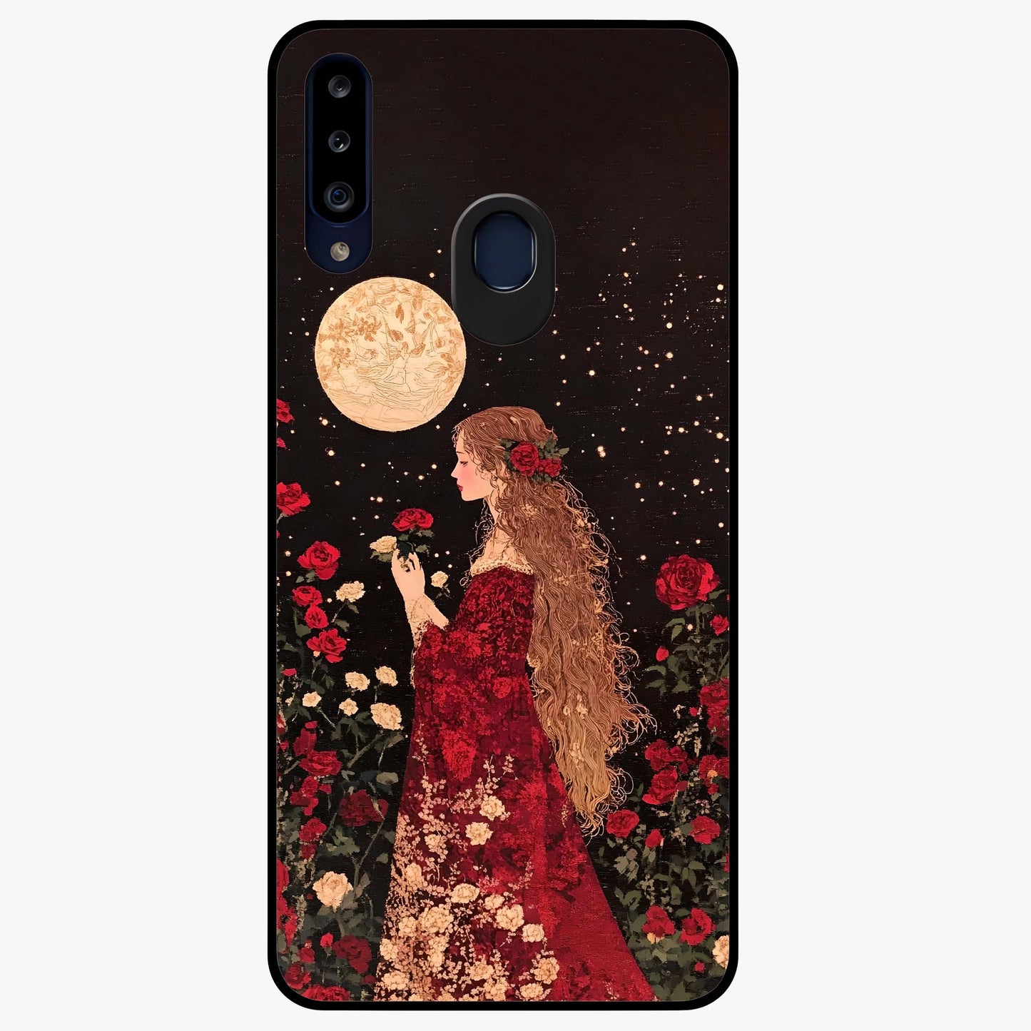 Crimson Dreams Glass Case showing flat back view with dreamy crimson artwork and glossy glass finish.