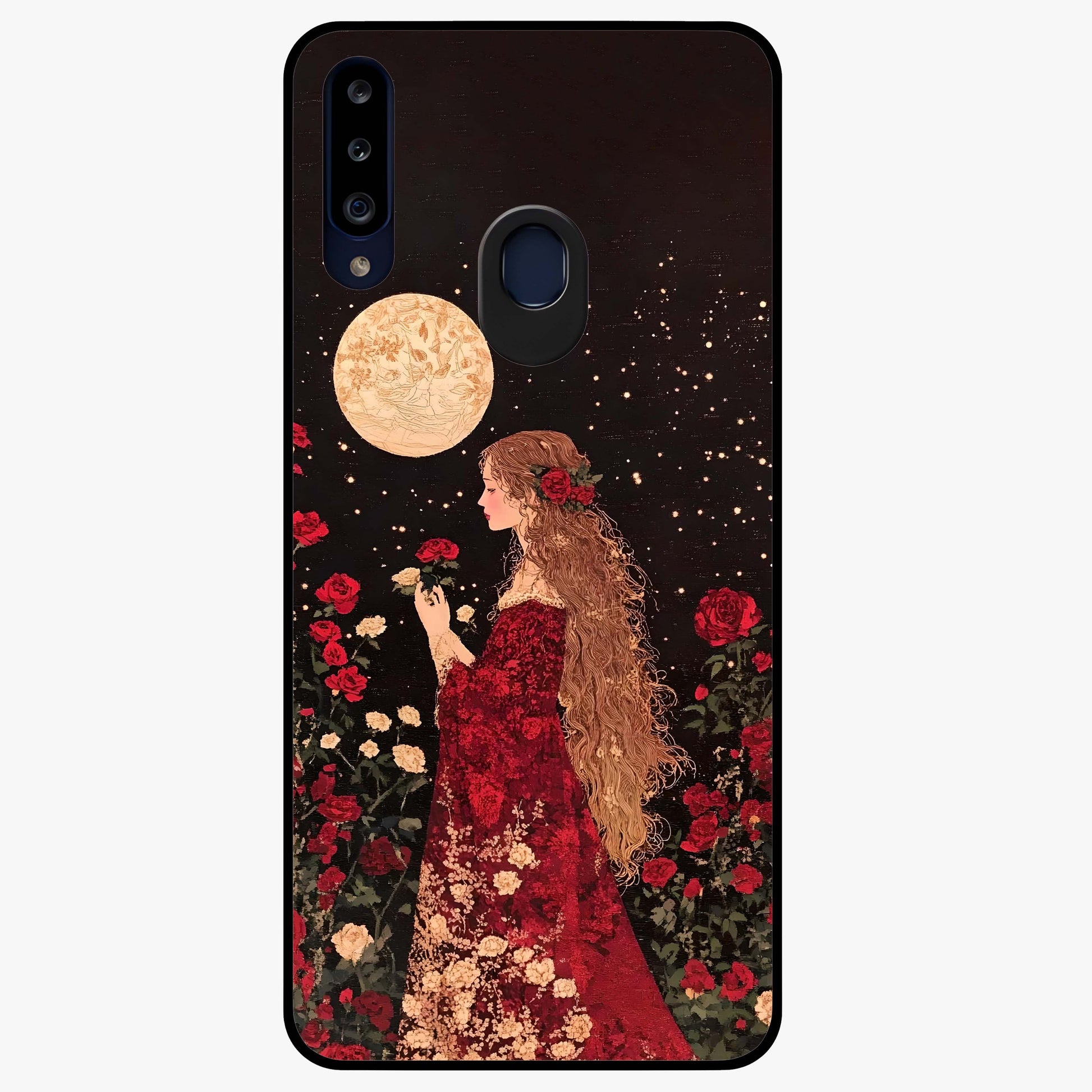 Crimson Dreams Glass Case showing flat back view with dreamy crimson artwork and glossy glass finish.