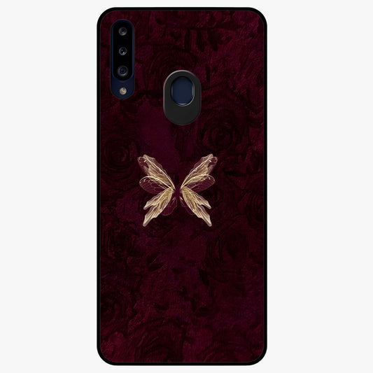 Crimson Fade Butterfly Glass Case showing flat back view with fading butterfly artwork and glossy glass finish.