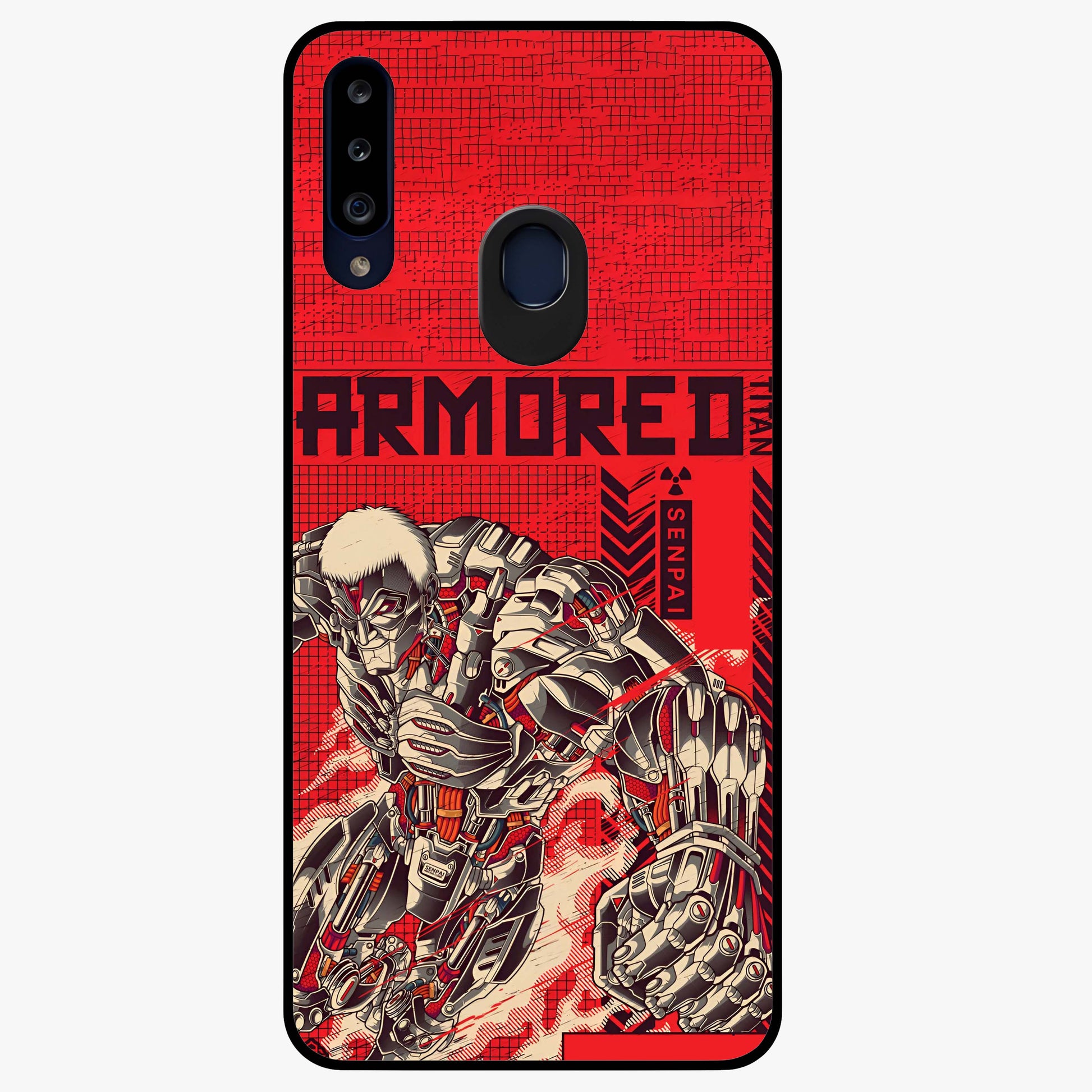 Crimson Mecha Titan Glass Case showing flat back view with powerful mech titan artwork and glossy glass finish.