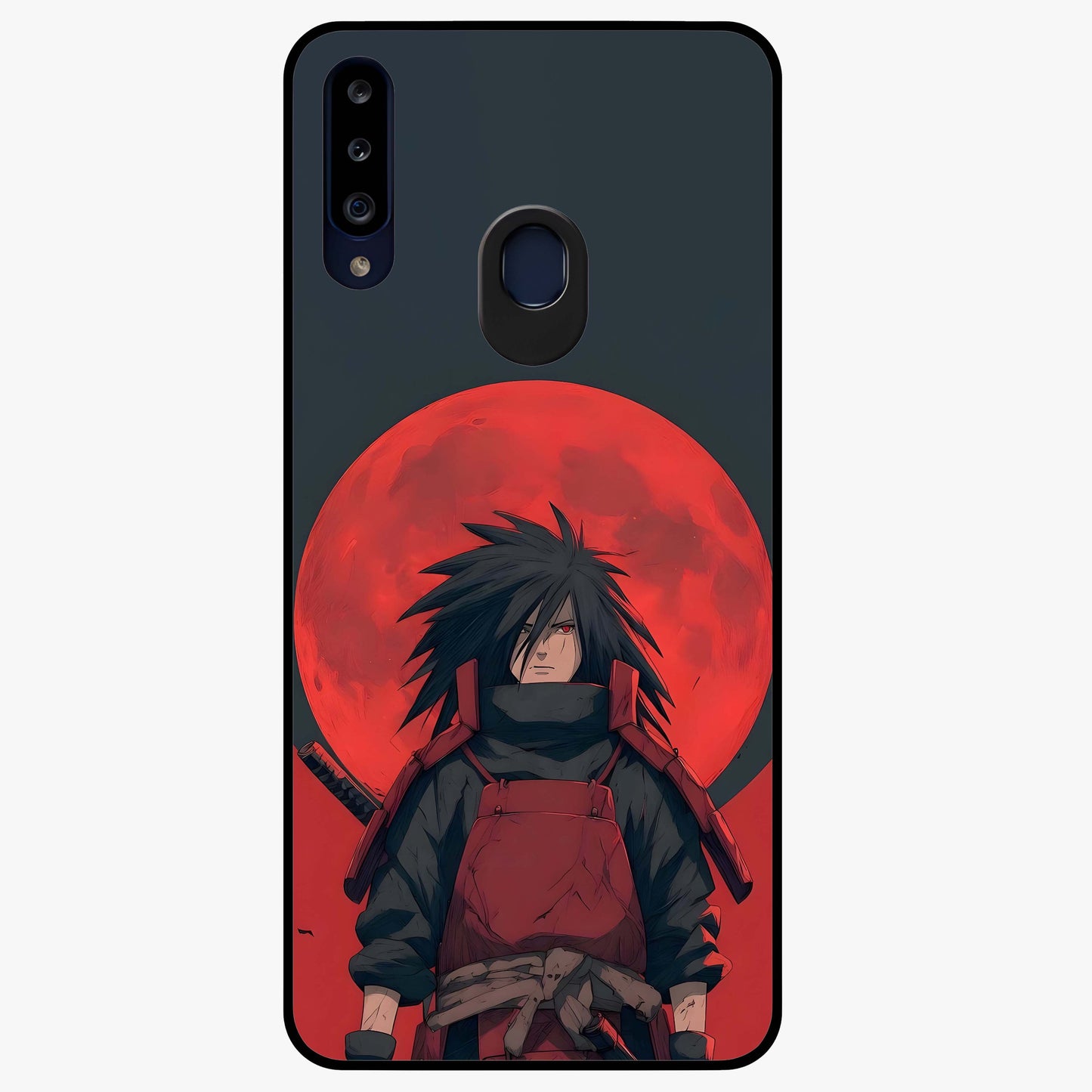 Crimson Moon Warlord Glass Case showing flat back view with mystical moon warrior artwork and glossy glass finish.