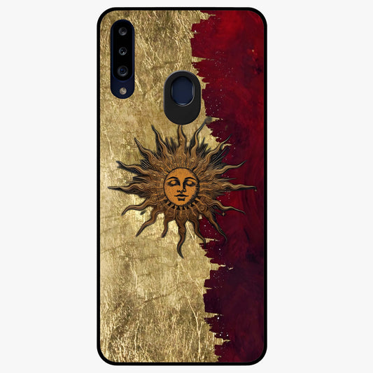 Crimson Sun Majesty Glass Case showing flat back view with radiant sun inspired artwork and glossy glass finish.