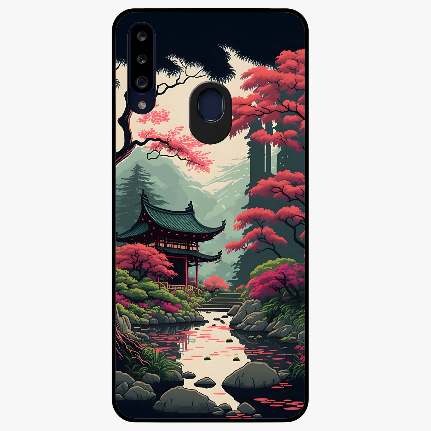 Crimson Temple View Glass Case showing flat back view with temple inspired artwork and glossy glass finish.