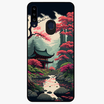 Crimson Temple View Glass Case showing flat back view with temple inspired artwork and glossy glass finish.