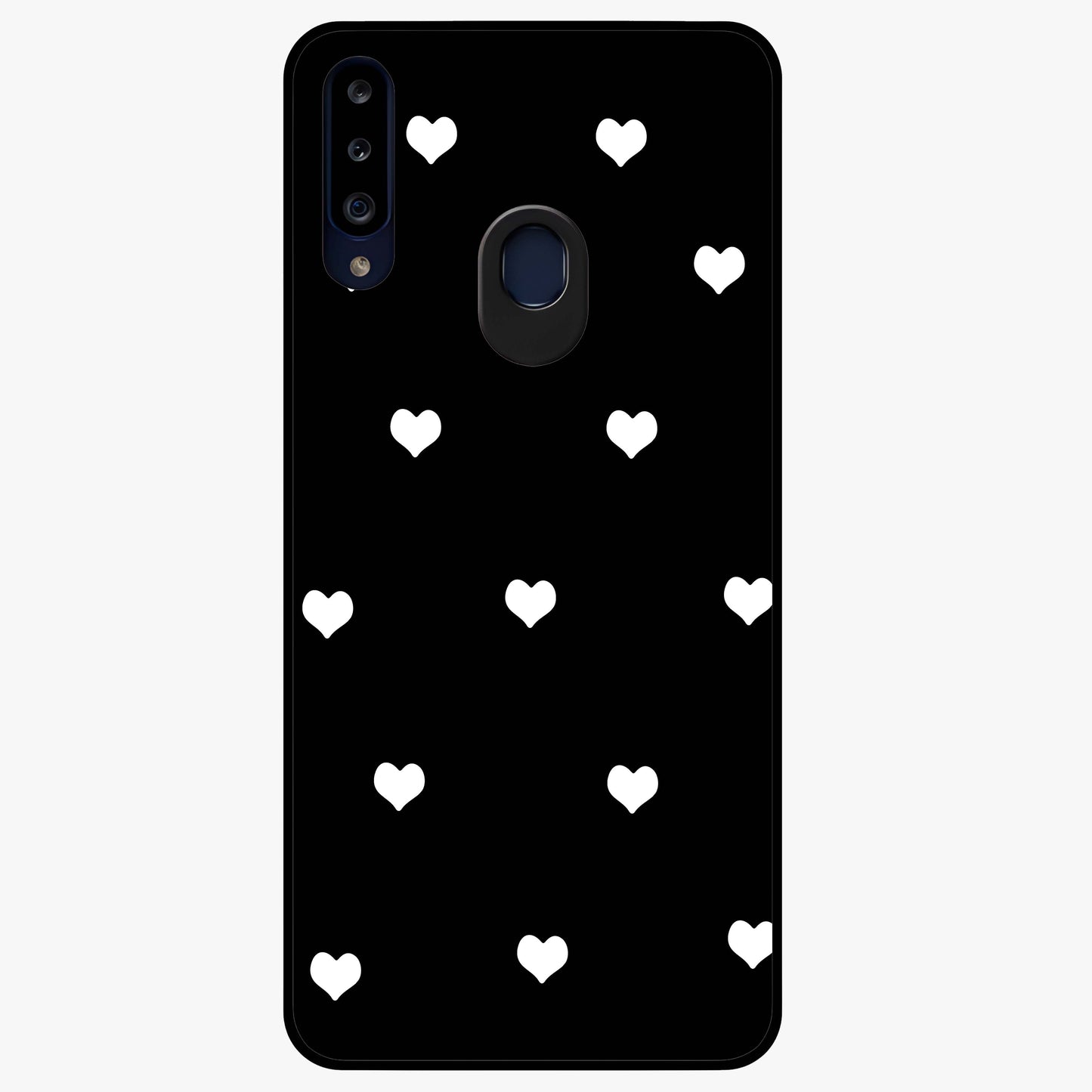 Cute And Simple White Hearts Glass Case showing flat back view with minimal white heart pattern and glossy glass finish.