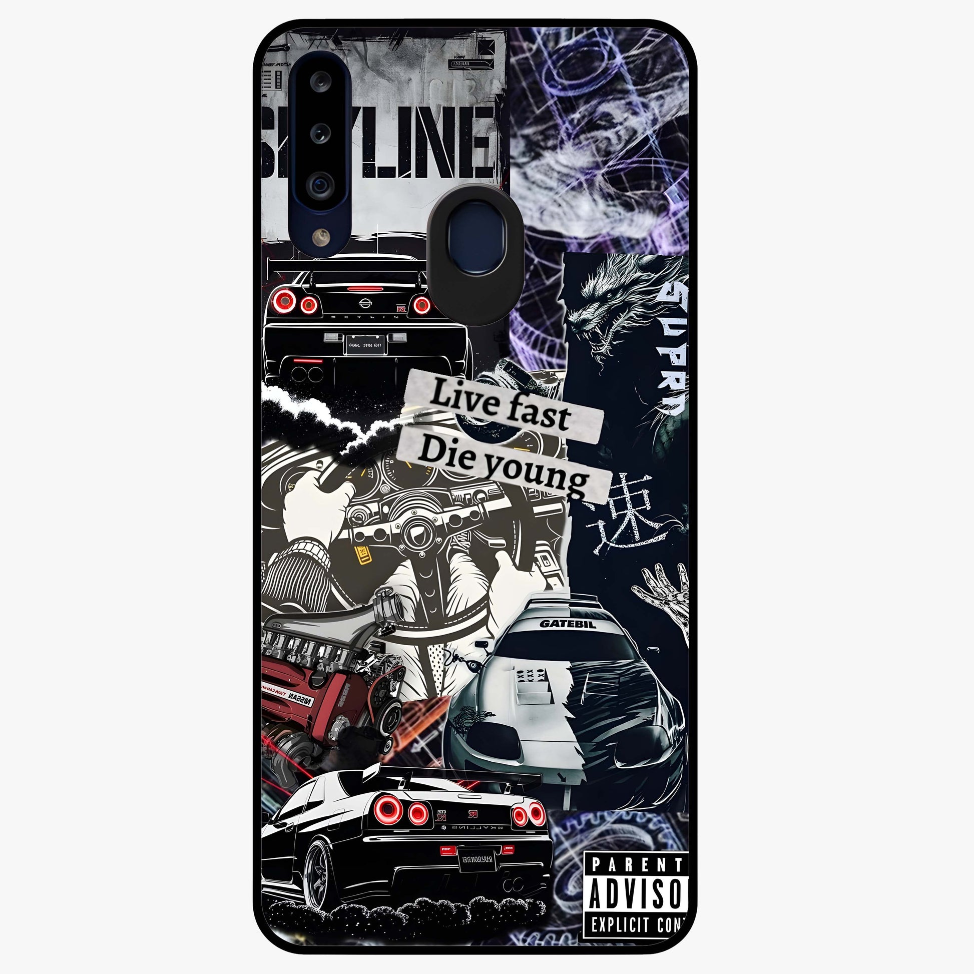 Die Young Glass Case showing flat back view with bold artistic typography design and glossy glass finish.