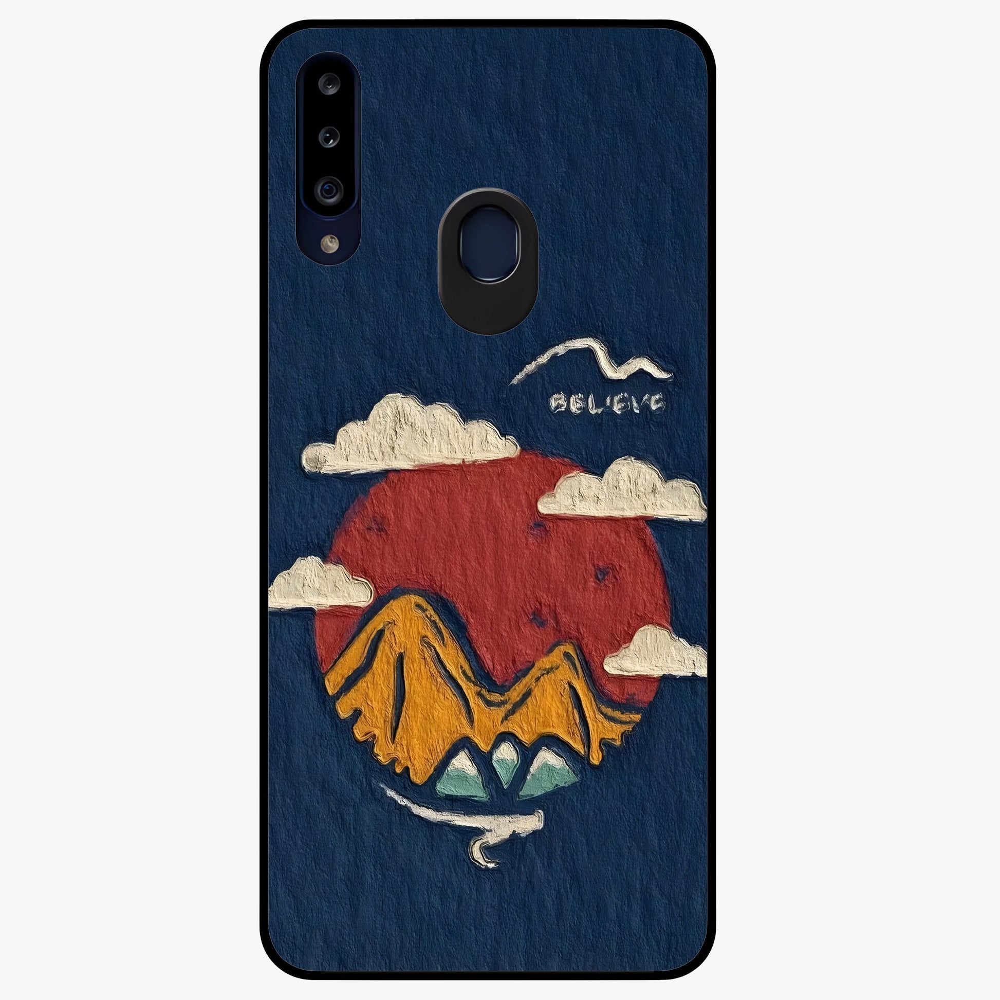 Dream Beyond Mountains Glass Case showing flat back view with scenic mountain landscape artwork and glossy glass finish.