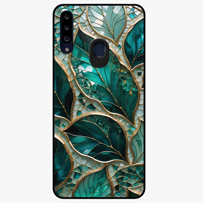 Emerald Leaf Glass Glass Case showing flat back view with emerald green leaf artwork and glossy glass finish.