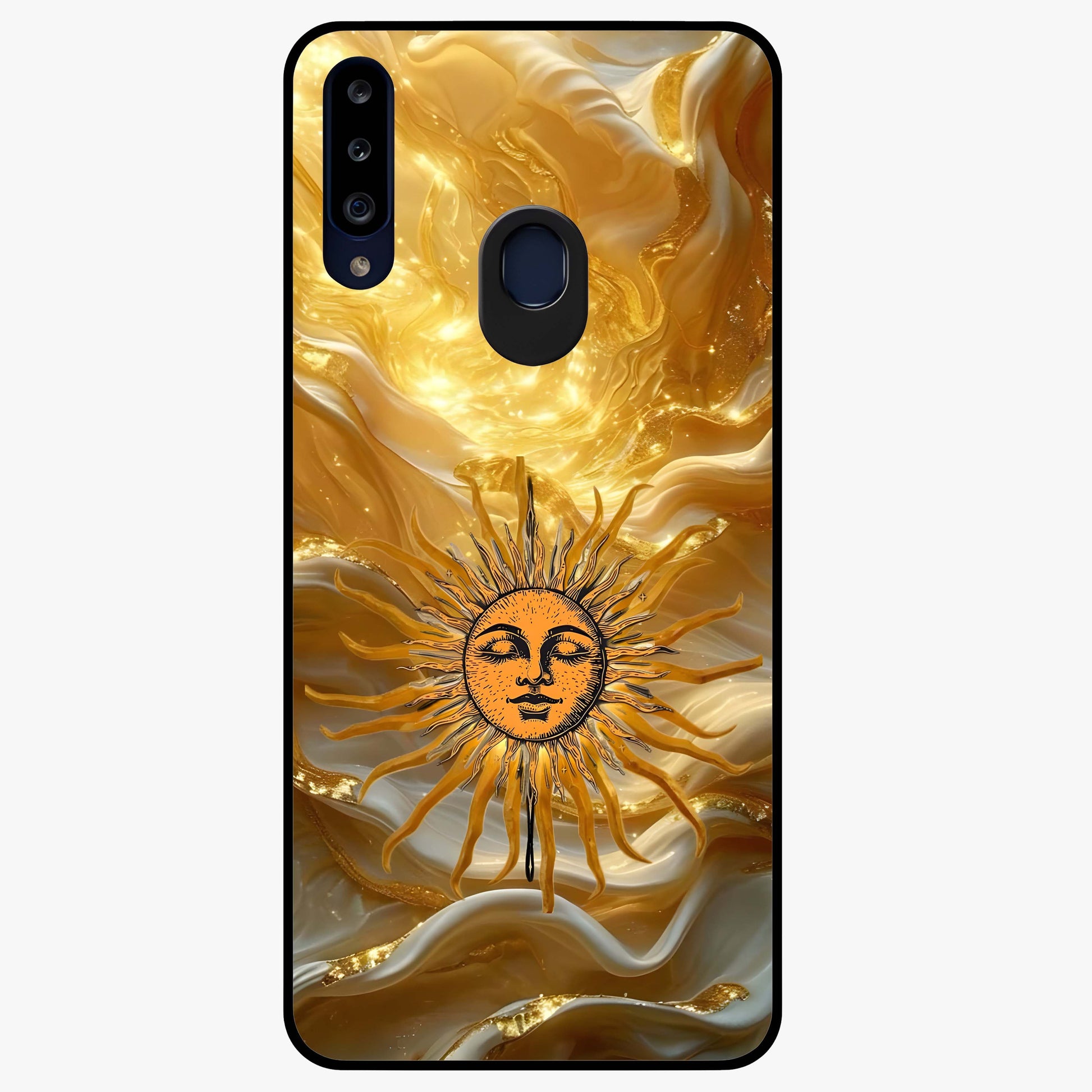 Eternal Golden Glow Glass Case showing flat back view with radiant golden themed artwork and glossy glass finish.