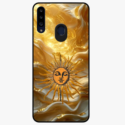 Eternal Golden Glow Glass Case showing flat back view with radiant golden themed artwork and glossy glass finish.