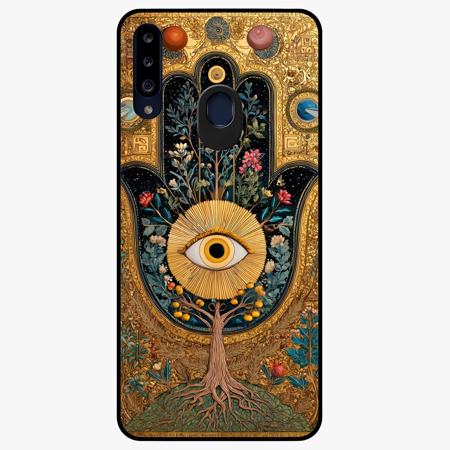 Ethereal Evil Eye Glass Case showing flat back view with mystical evil eye artwork and glossy glass finish.