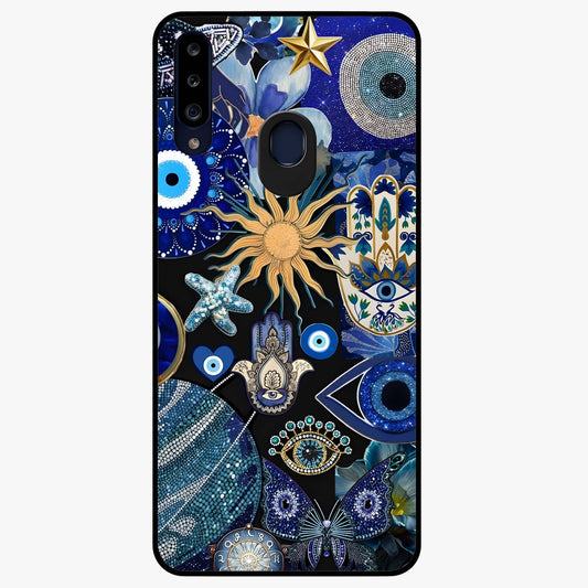 Evil Eye Charm Mix Glass Case showing flat back view with multiple evil eye charms artwork and glossy glass finish.