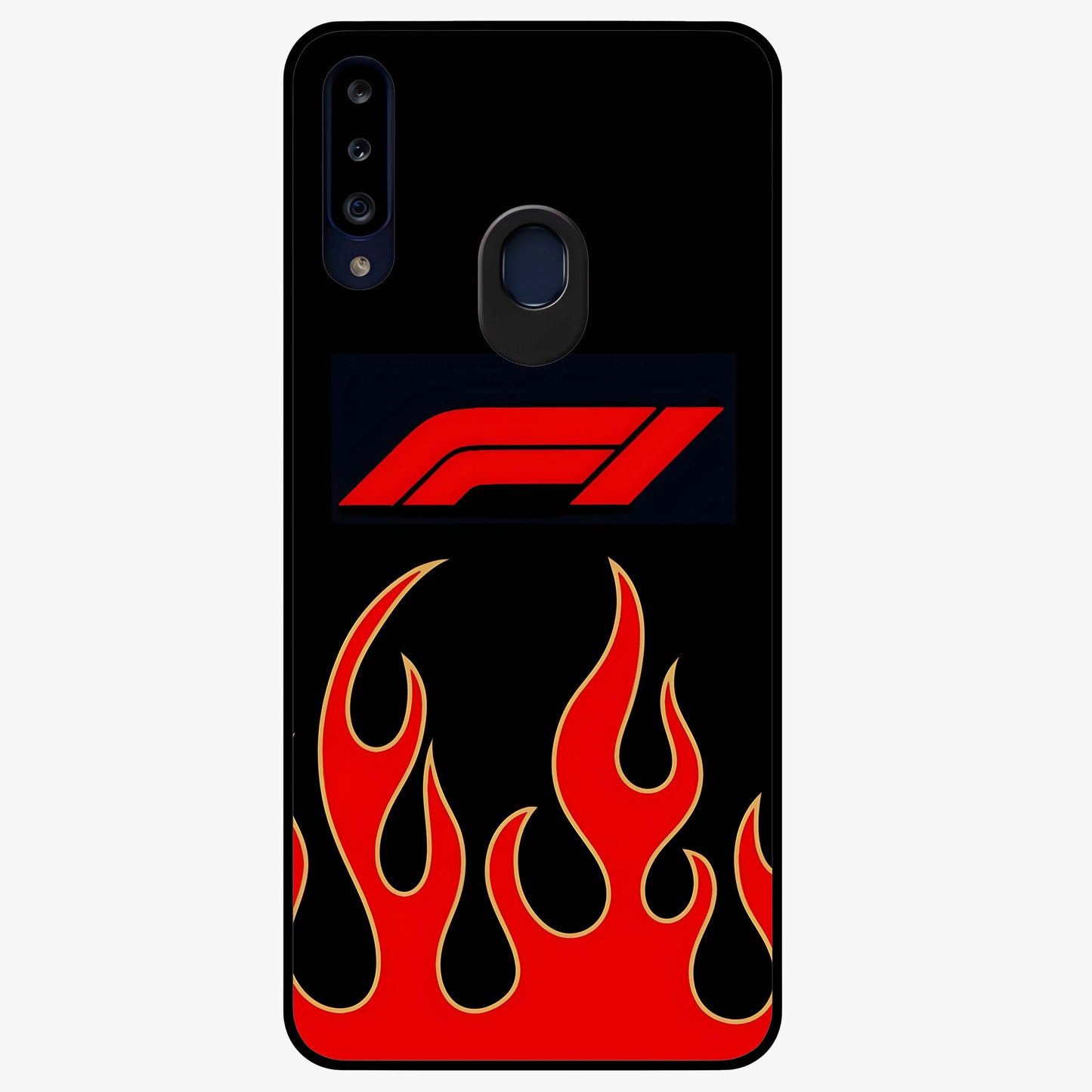 Fire F11 Glass Case showing flat back view with fiery themed artwork and glossy glass finish.