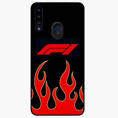 Fire F11 Glass Case showing flat back view with fiery themed artwork and glossy glass finish.