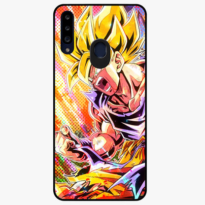 Firing Goku Glass Case showing flat back view with powerful anime inspired artwork and glossy glass finish.