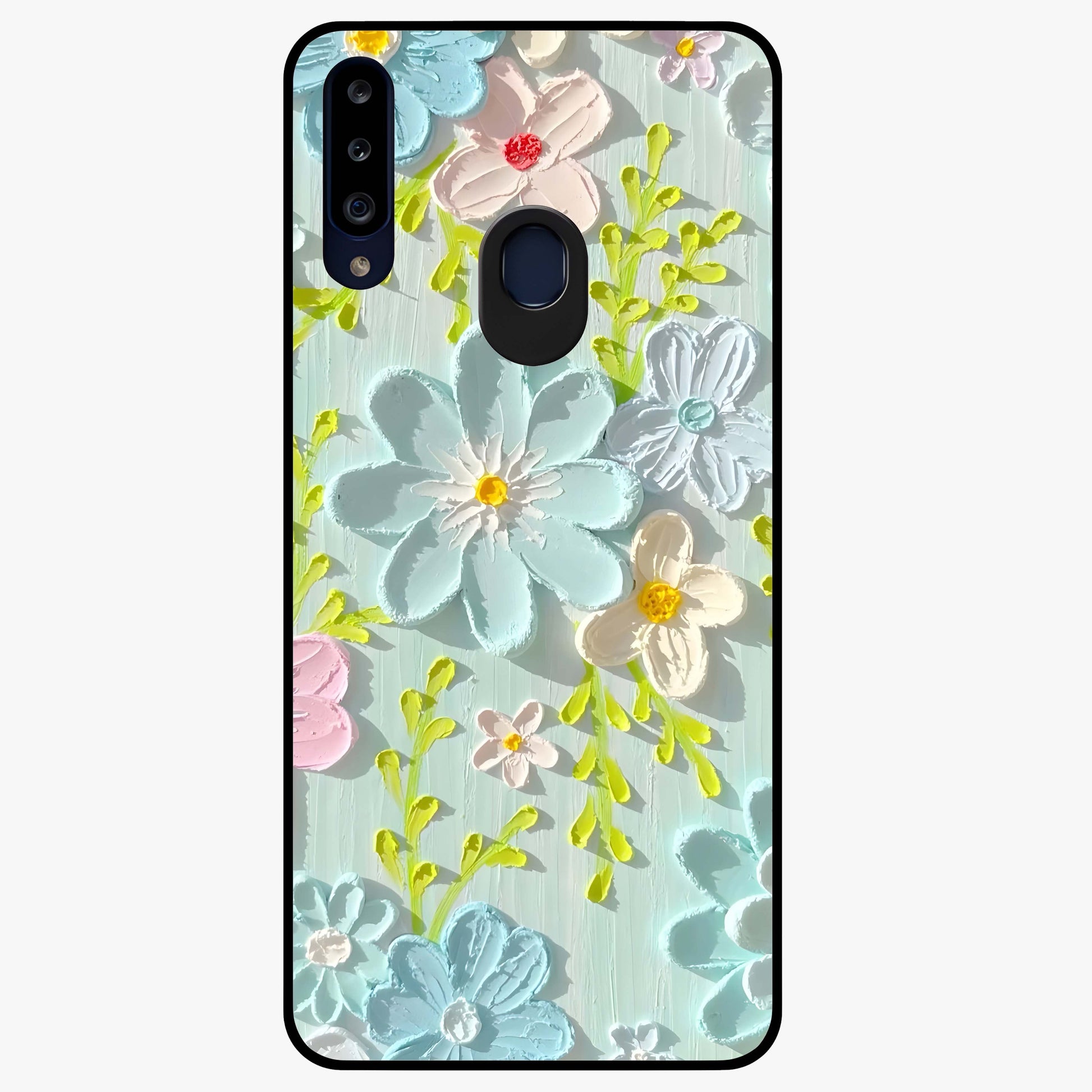 Frosted Petal Garden Glass Case showing flat back view with soft frosted floral artwork and glossy glass finish.